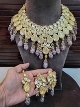 Indian Bollywood Gold Plated Kundan Choker Necklace Grey Bridal Jewelry Set - £179.28 GBP