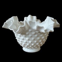 Vintage Hobnail White Milk Glass Vase Bowl Ruffled Rim Crimped Edge 6”wi... - $24.74