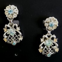 Blue Crystal Rhinestone Silver tone Chandelier Drop Earrings Clip on - £6.93 GBP
