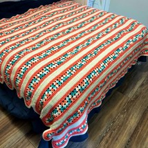 Vintage Handmade Crochet Quilt Throw Afghan Scalloped Green Orange 79x63 Granny - £28.38 GBP