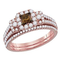 14kt Rose Gold Womens Cognac-brown Diamond Princess Halo Bridal Wedding Engageme - £1,216.45 GBP