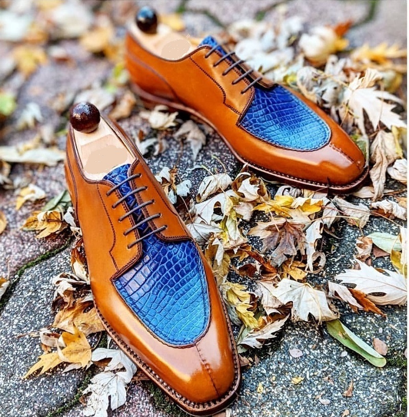 New Crocodile Texture Shoes, Handmade New Men's Brown Blue Shoe, Men's Cap Toe 2