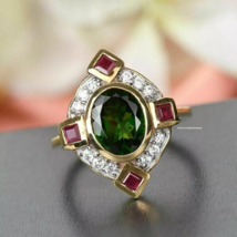 4Ct Art Deco Style Green Lab Created Emerald &amp; Ruby Engagement 14K Gold FN Ring - £73.29 GBP