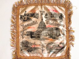 Vintage Silk Pillow Cover - &quot;Beautiful Washington&quot; on Fringed Fabric Case - £14.94 GBP