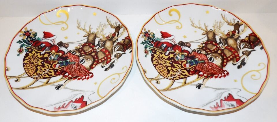 Primary image for PAIR WILLIAMS SONOMA TWAS THE NIGHT BEFORE CHRISTMAS SANTA/SLEIGH SALAD PLATES