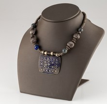 Antique Silver Beaded Necklace with Lapis Accents and Enamel Pendant - £426.80 GBP