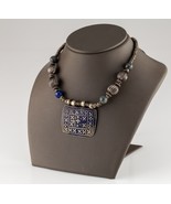Antique Silver Beaded Necklace with Lapis Accents and Enamel Pendant - €510,69 EUR