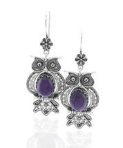 Filigree Art Owl Figured Amethyst Gemstone Women Silver Dangle Earrings - £37.54 GBP