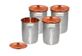 Set of 4 - Prisha India Craft ® Copper Tumbler with Lid Volume: 250 ML / 8.4535  - £44.65 GBP