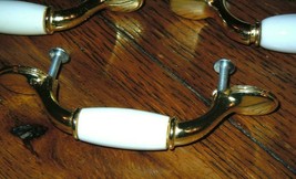 Vintage 7 Piece Drawer Cabinet Handle Pulls Polished Gold &amp; Porcelain 3&quot;... - £19.48 GBP