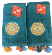 Boho Desert Southwest Hand Towels Embroidered Tassels Set of 2 Navajo Turquoise - £31.23 GBP