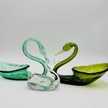 Viking Swan Figurines Art Glass Green Avocado Clear Vintage MCM Set 3 Pi... - $58.50