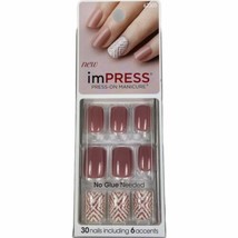 NEW Kiss Nails Impress Press On Manicure Short Gel Mauve Pink Glitter White - £10.12 GBP