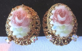 WESTERN GERMANY Rose Cameo Aurora Borealis rhinestone clip earrings - £31.97 GBP