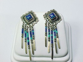 STERLING Silver 2 inches Vintage EARRINGS - Azurite and Malachite Dangles - £68.31 GBP