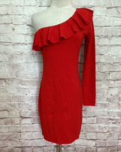 Divided by H&amp;M Red One Sleeve Ruffle Trim Bodycon Mini Dress Stretch Size 8 NEW - £22.12 GBP