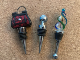 Lot Of 3  Wine Bottle Cork Stoppers , Purse, Colored Spiral Glass, Sphere - $8.50