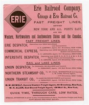 Original 1890&#39;s Erie Railroad and Chicago &amp; Erie Railroad Ad Fast Freigh... - £15.51 GBP