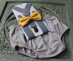 1st Birthday boy cake smash diaper cover bow tie boy clothes gray yellow... - £11.13 GBP