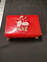 Vintage Japanese Footed Trinket Box Floral Motif Red Laquerware? - $14.16