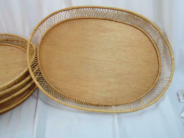 Set of 5 Bamboo Woven Wicker Serving Tray Oval Wooden Bottom 18" x 13" x 2.5" - £39.59 GBP