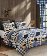 KING Yellow Blue Plaid Printed Primitive 3pc Quilt Set Bear Cub Paws - $64.35