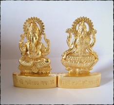 Laxmi Ganesh Idol Gold Plated For Worship Of Wealth God &amp; Goddess - £29.25 GBP