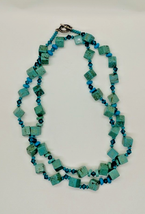 37‘’ Blue Turquoise Crystal Square Beads Gemstone Stone Necklace - £9.41 GBP