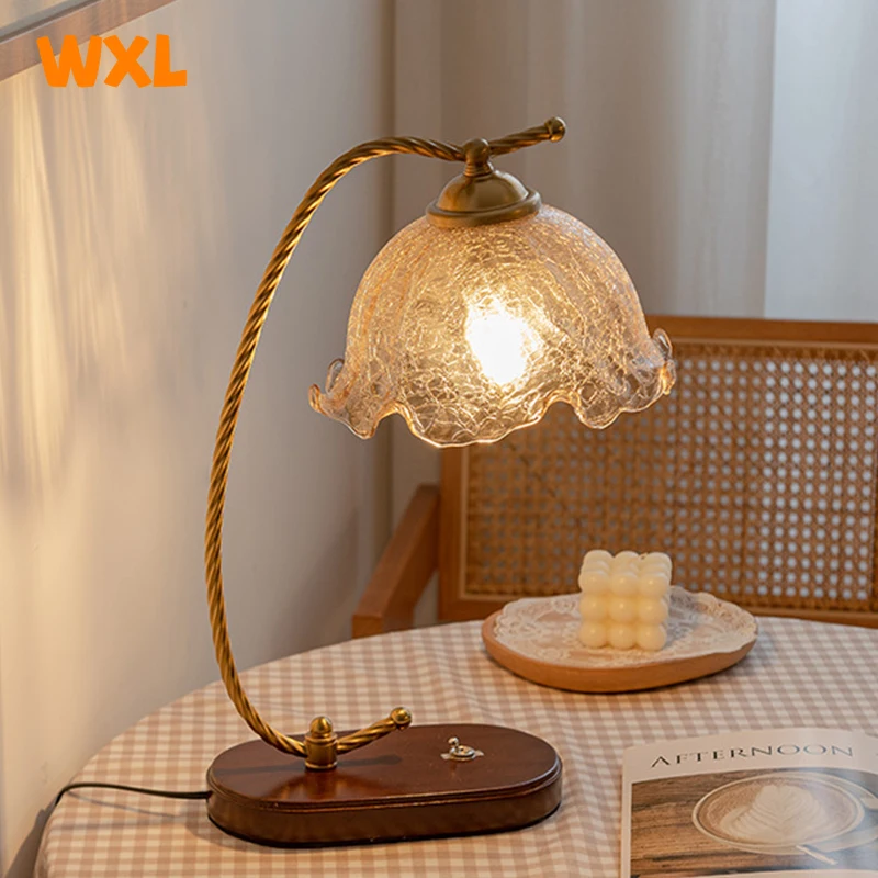 French retro bedroom LED table lamp, flower study glass decorative table... - $112.97
