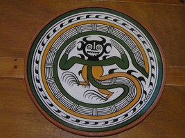 Vintage Large Green Mustard &amp; Black Tribal Art Glazed Red Pottery Plate Made in  - £7.58 GBP