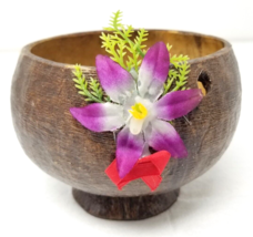 Coconut Storage Bowl Floral Handmade Carved Wood Hawaiian Vintage - £12.11 GBP