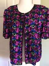 Vintage Silk Sequin Beaded Short Sleeve Geometric Neon Colorful Top Jacket M-L - £33.53 GBP