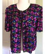 Vintage Silk Sequin Beaded Short Sleeve Geometric Neon Colorful Top Jack... - $58.01 CAD