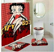 Betty Boop Bathroom Shower Curtain Toilet Seat Cover &amp; Rugs Set - £44.60 GBP