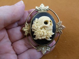 CM188-2 Skull Rose Day of the Dead sugar white + black CAMEO Pin Pendant brooch - £20.10 GBP