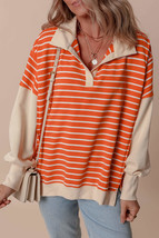 Orange Stripe Color Block Loose Fit Collared Drop Shoulder Sweatshirt - $43.99