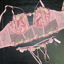 Victoria&#39;s Secret M-DD 36DD/34DDD Corset Top Bra Set Xs Pink Floral Applique - £62.83 GBP