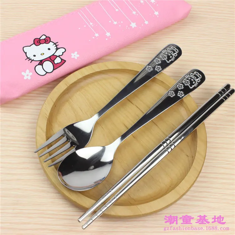 Kawaii Sanrio Hello Kitty Metal Spoon Fork Chopsticks Tableware PU Storage Bag - £12.25 GBP