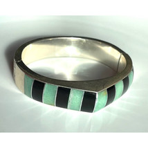 HEAVY TAXCO 950 STERLING SILVER GREEN JADE &amp; ONYX BANGLE BRACELET SKY - $4,198.27 MXN