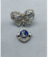 Vtg LIONS CLUB INT’L Silver Tone Clear &amp; Red Rhinestone Dangle BOW Pin B... - £9.35 GBP