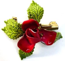 Vintage Enamel Flower Pin Brooch Small Red &amp; Green - $7.00