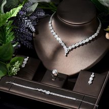 Fashion Leaf Design 4pcs AAA CZ Women Bridal Wedding Jewelry Set Earring Necklac - £43.06 GBP