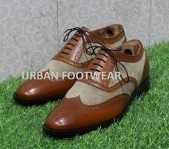 Mens New Handmade Camel Suede &amp; Brown Leather Wing Tip Lace Up Casual &amp; Dress - £115.07 GBP