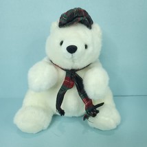 White Teddy Bear Red Blue Hat Plaid Scarf Stuffed Animal Plush Xmas 10&quot; - $21.77