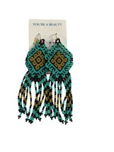 Seed Bead Earrings Blue Black Gold 4&quot; Long Diamond Pattern Boho Hand Crafted - £27.69 GBP