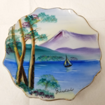 Mountain Lake Sailboat Tranquil Water Plate Hand Painted Small Signed Japan Vtg - $12.30