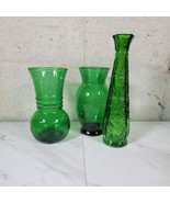 3 Vintage Anchor Hocking Forest Green Glass Vases Presscut Bud Vase  - £26.68 GBP