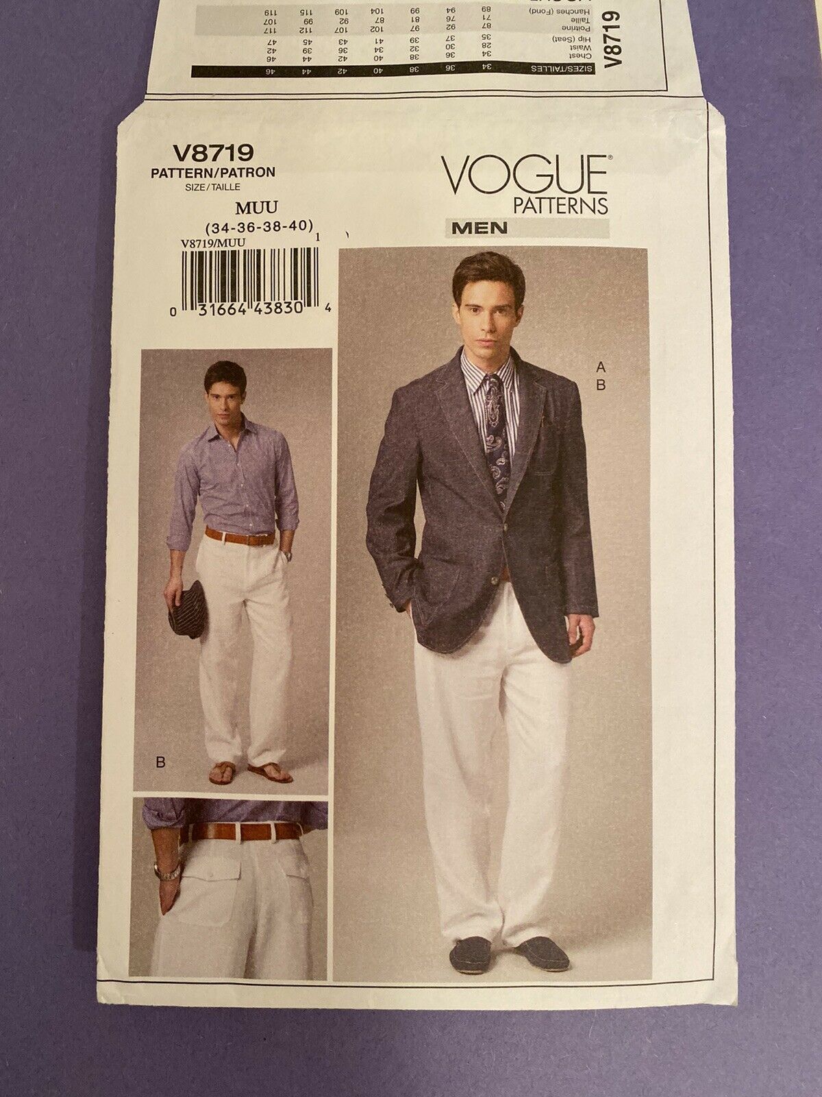 NEW Vogue Men's Suit Jacket & Pants Sizes 34-40 Pattern 8719 Uncut /FF - $14.85