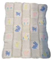 Handmade baby blanket crocheted pastel animal squares lamb bunny chick pink blue - £19.77 GBP