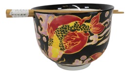 Black Oriental Koi Fishes Ceramic Donburi Ramen Soup Bowl With Chopstick... - $18.99